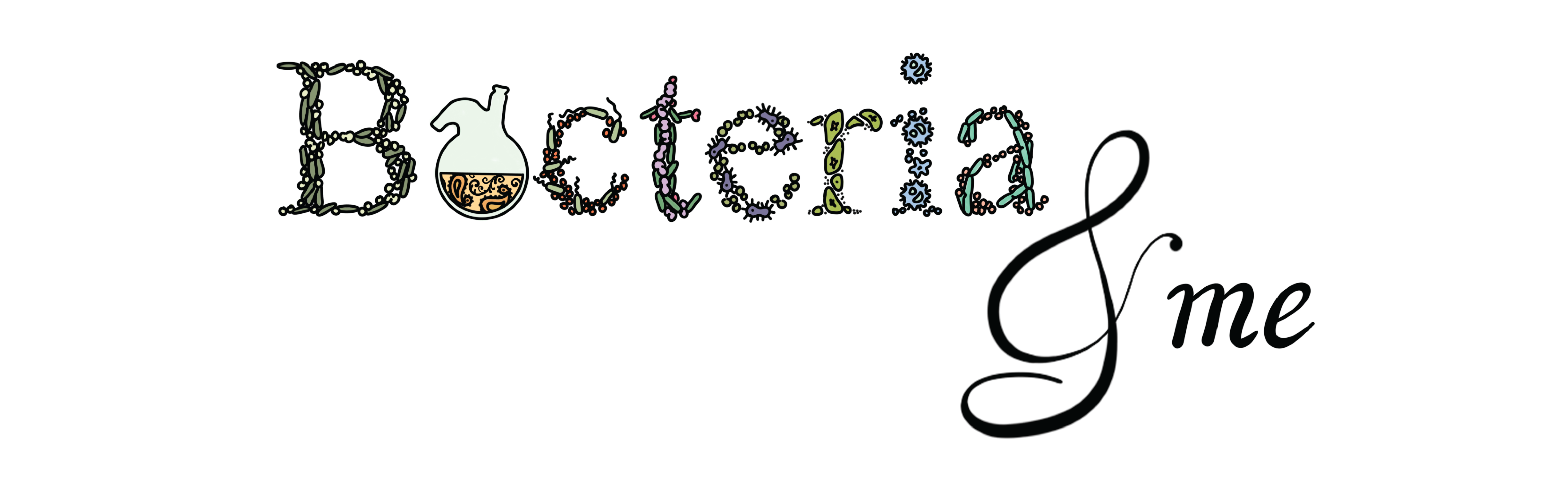 cover art for Bacteria and me featuring different shapes of bacteria spelling out Bacteria and me.