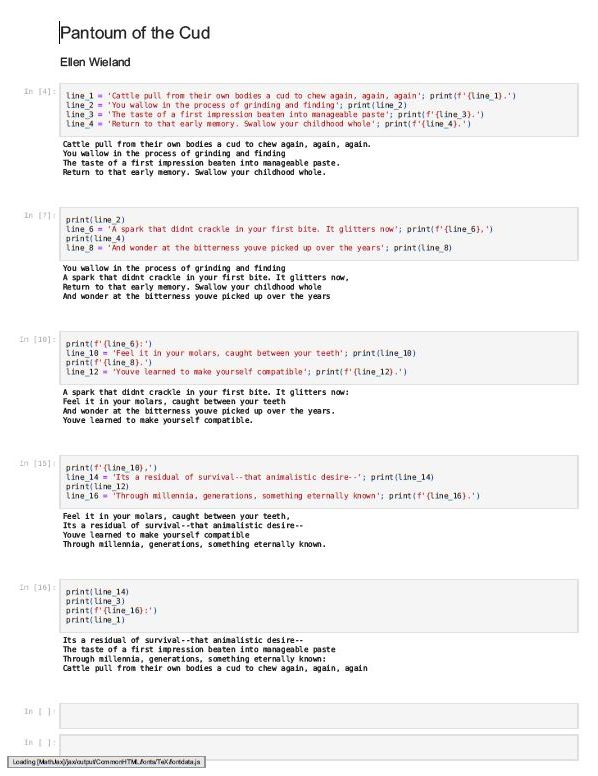 "Pantoum of the Cud" by Ellen Wieland (digital poem in code)