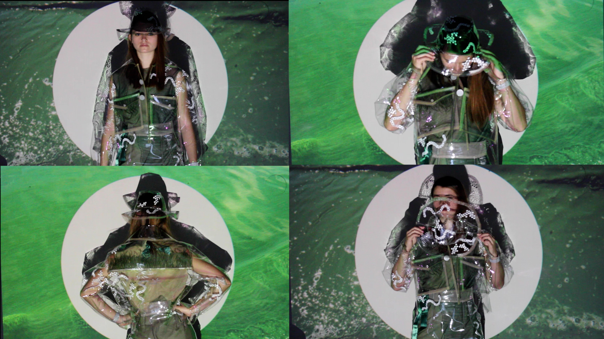 "Aquae Bloom" by Claire Stovall (still photos from video) Woman in a net suit on a green background