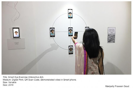 Woman using smart eye exercise interactive art