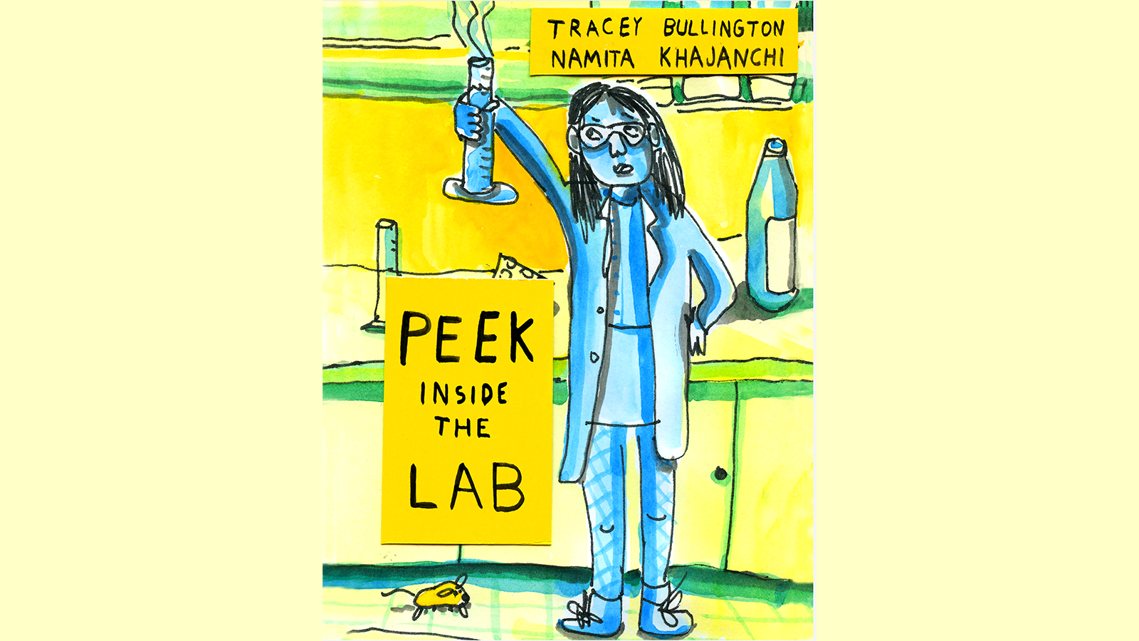 Peek inside the Lab cover illustration of a cartoon woman holding a graduated cylinder