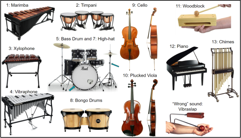 Photos of musical instruments including:
1. Marimba, 2. Tiimpani, 3. Xylophone, 4. Vibraphone, 5. Bass drum and high hat, 8. bongo drums, 9. cello, 10. plucked viola, 11. woodblock, 12. piano, 13. chimes, the "wrong" sound is signified by the vibraslap.