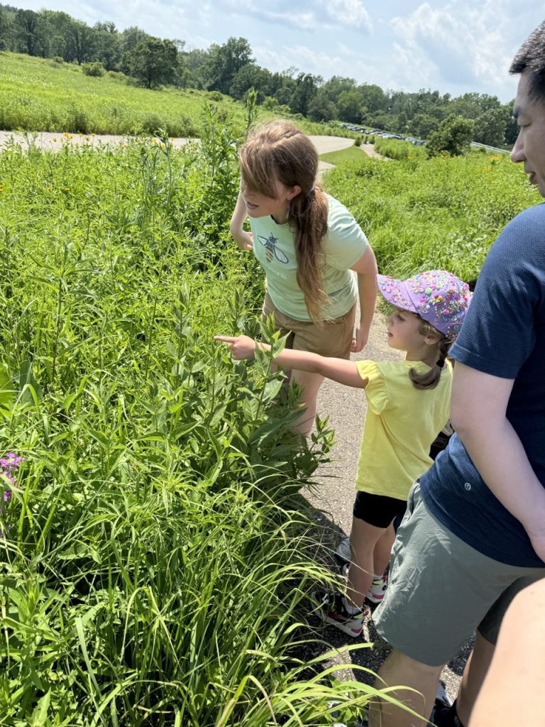 Kohler fellow looking at plant a child is pointing to